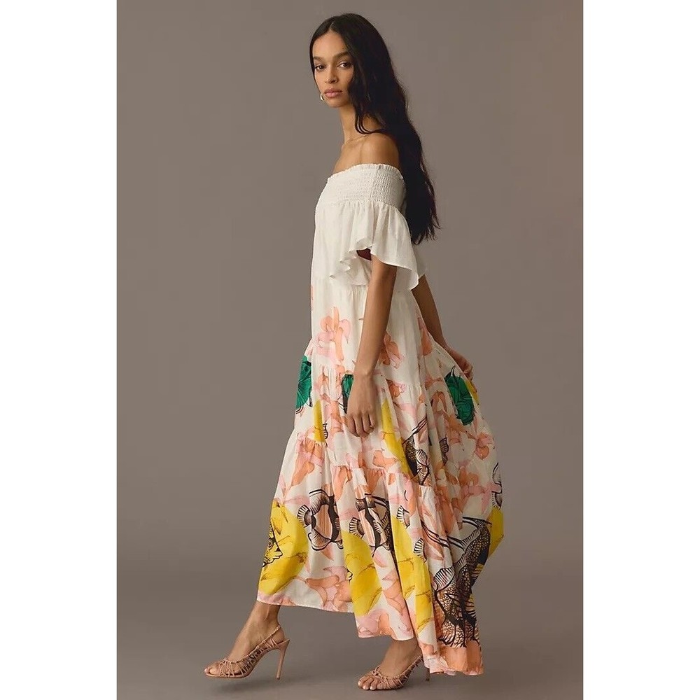new Anthropologie Pia Binazzi Tiered Off-The-Shoulder Dress S M L Fish Aquatic